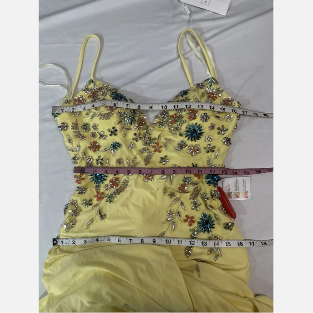 NWT Mac Duggal [ 4 ] Multi Color Beaded Floral Cami‎ Slit Gown Yellow - Picture 12 of 15